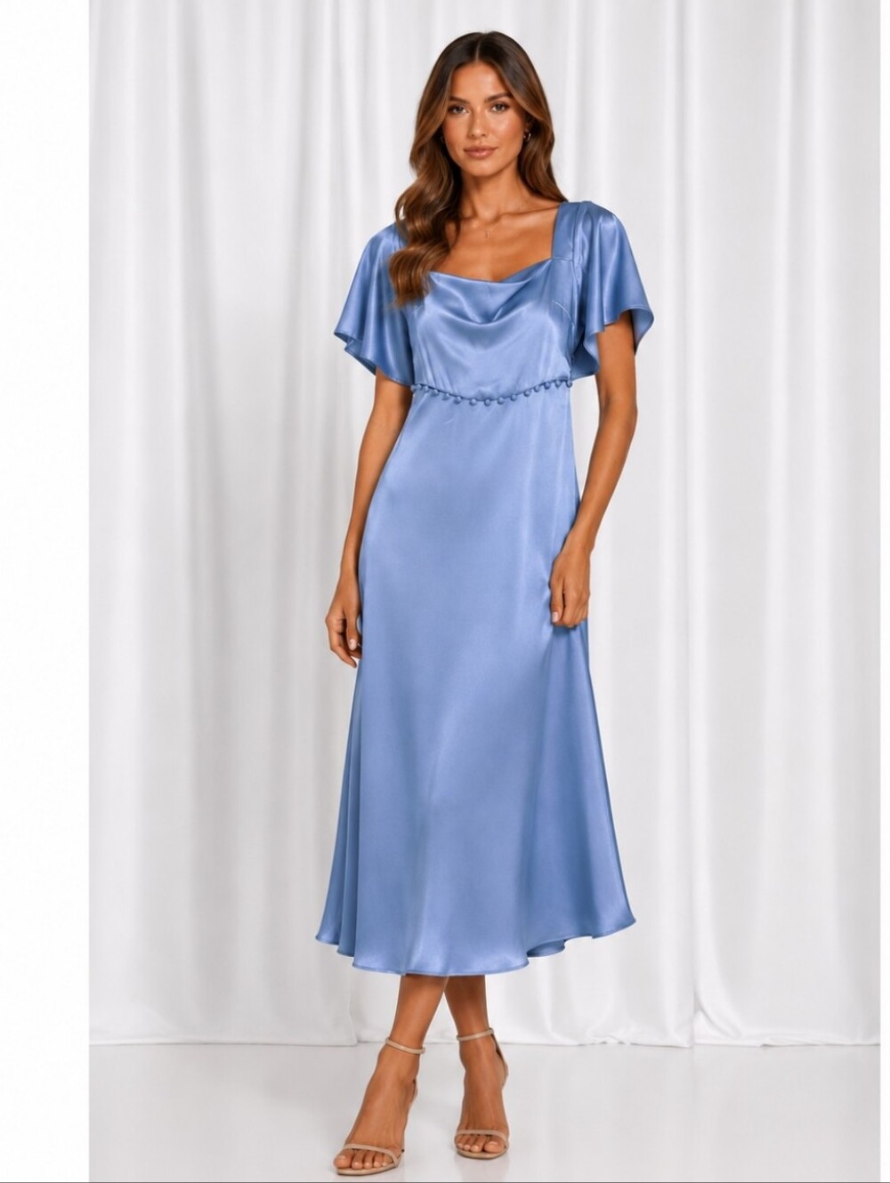ELLIATT Dusty Periwinkle Satin Empire Waist Midi Dress M